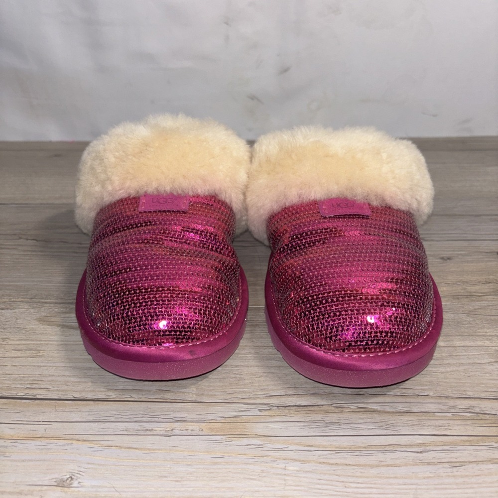 Women's 5 Ugg Taz Dazzle Pink Sequin Slipper Fuschia Ribbon Candy Pink Sparkle - Picture 2 of 9